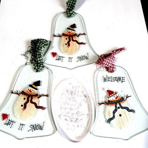 Set Of 4 Vintage Christmas Ornaments With Snowman & Bell Designs - Picture 1 of 8